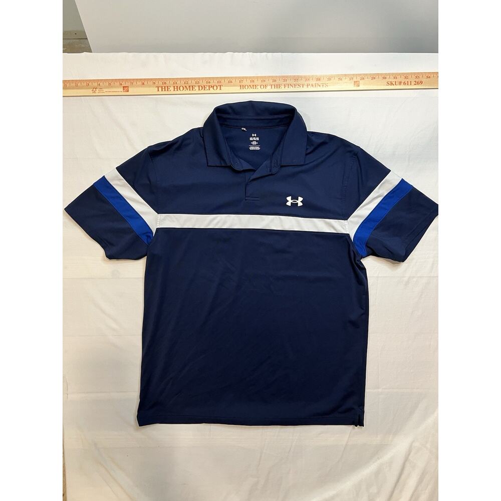 Under Armour Mens Large Loose Fit Blue White Short Sleeve Golf Polo